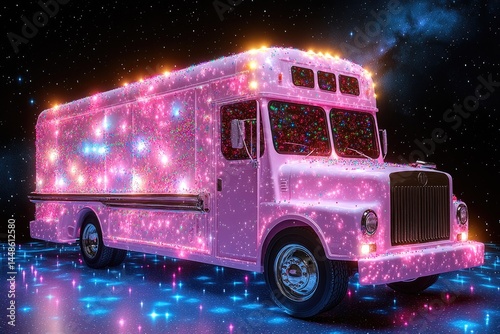 Obraz na płótnie A pink vehicle sparkles with lights against a starry night sky w salonie