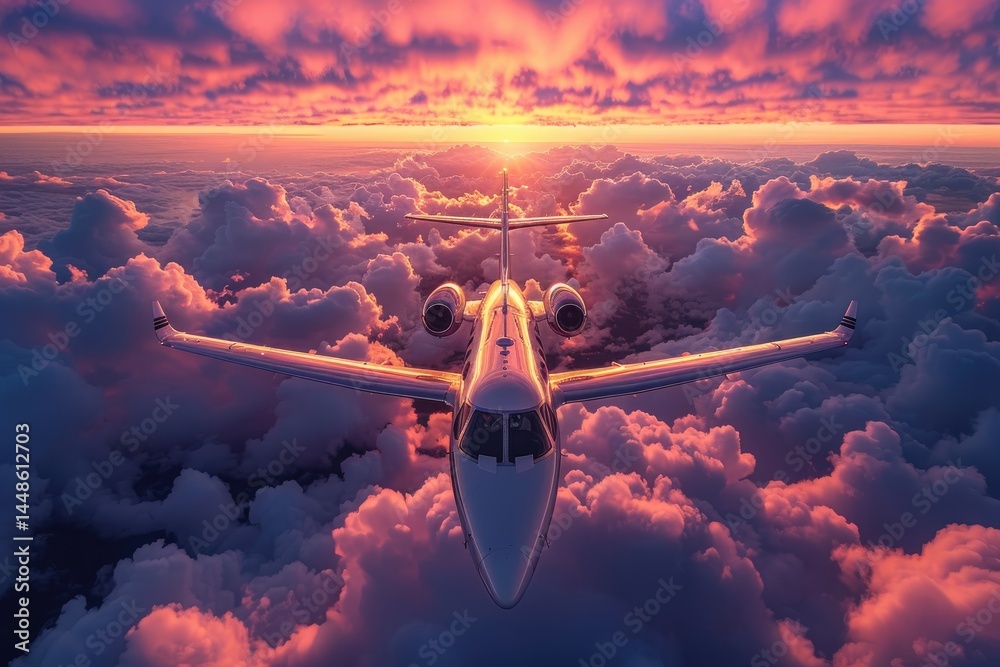 A private jet flies gracefully through the clouds during sunset