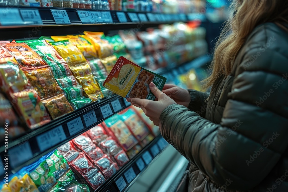 A person reads food packaging in a grocery store aisle