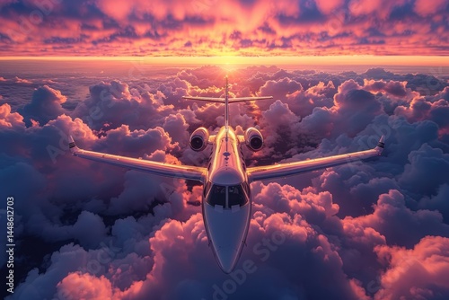 Obraz na płótnie A private jet flies gracefully through the clouds during sunset w salonie