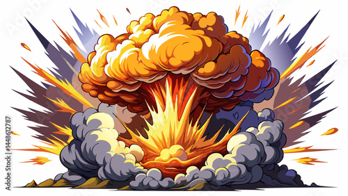 VFX explosion with thunderous realism and power.
Smoke billows and fire climbs skyward.
The white background intensifies the blast’s detail.
Ideal for scientific or cinematic vector designs.

