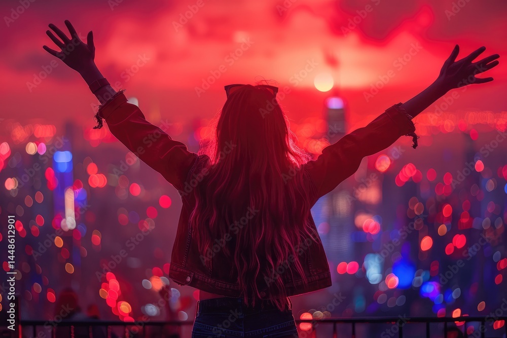 A person with arms raised high in front of city lights