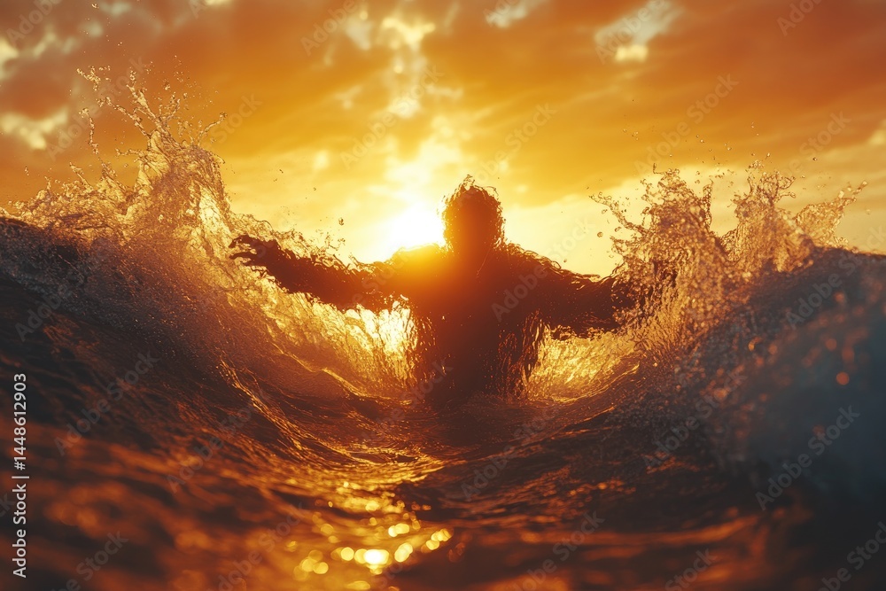 A person stands within the waves silhouetted by the sunset