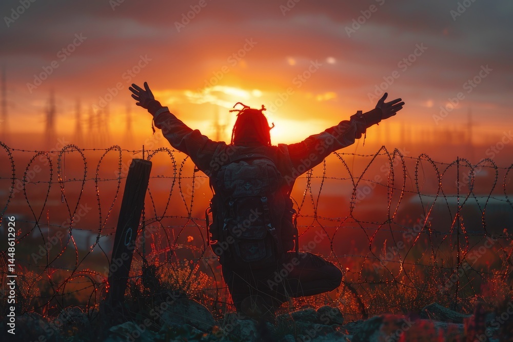 A person welcomes the sunset with arms outstretched near barbed wire