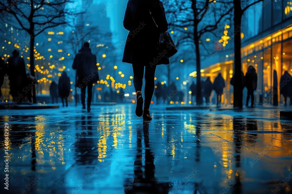A person walking in a wet city during the evening hours