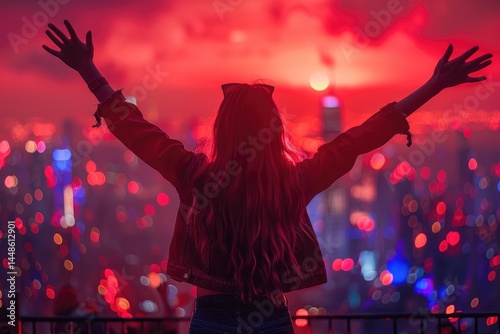Obraz na płótnie A person with arms raised high in front of city lights w salonie