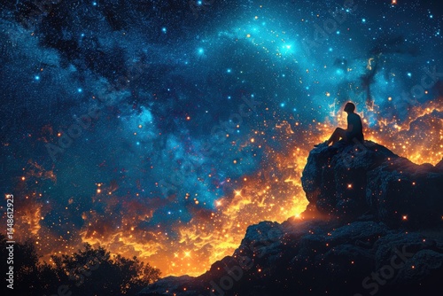 Obraz na płótnie A person is sitting and gazing at a colorful star filled sky w salonie