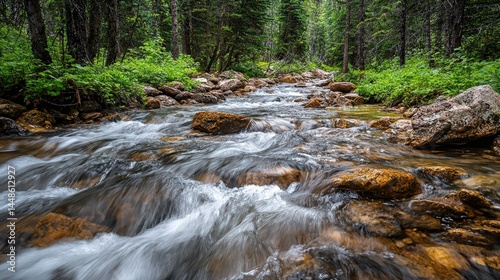 Forest stream flowing over rocks in a lush environment.