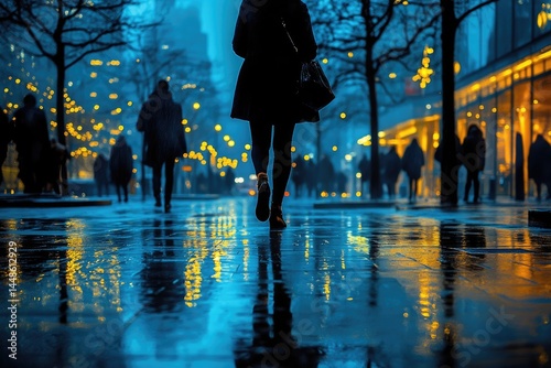 Obraz na płótnie A person walking in a wet city during the evening hours w salonie