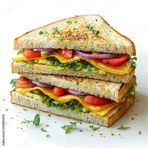 Club Sandwich Cut Diagonally, vector watercolor illustration, isolated on a white background.