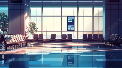 Modern airport interior with  empty waiting area and panoramic views.