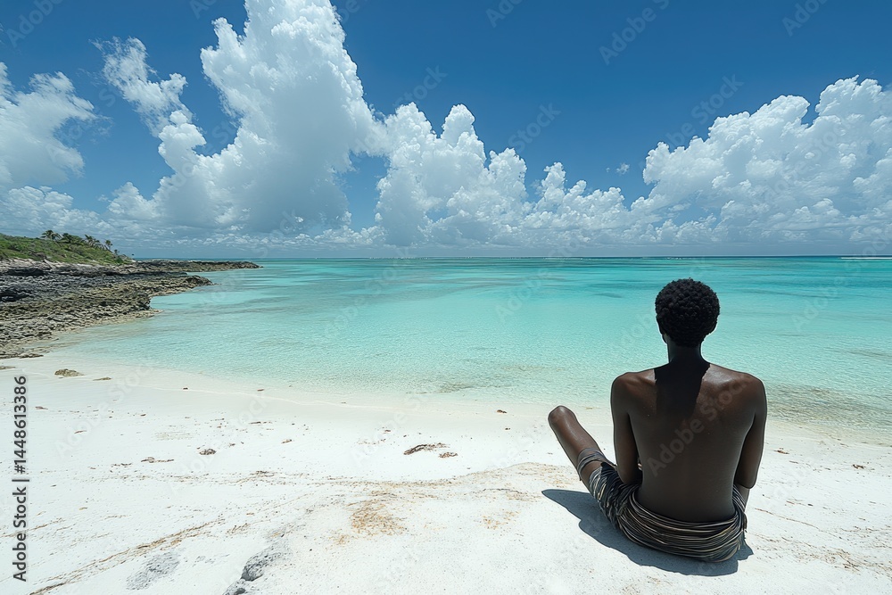 A person seated on the beach admires the beautiful ocean view A person seated on the beach admires the beautiful ocean view