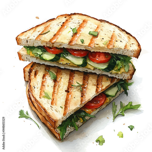 illustration of Club Sandwich Cut Diagonally, watercolor vector, isolated on a white background.