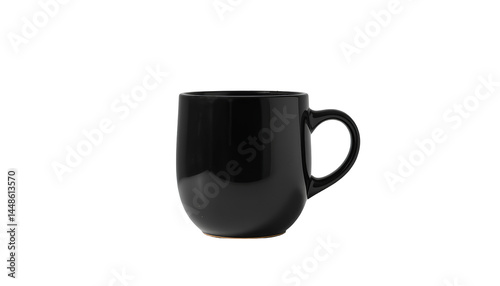 Glossy black ceramic mug, simple and modern shape isolated on transparent background 