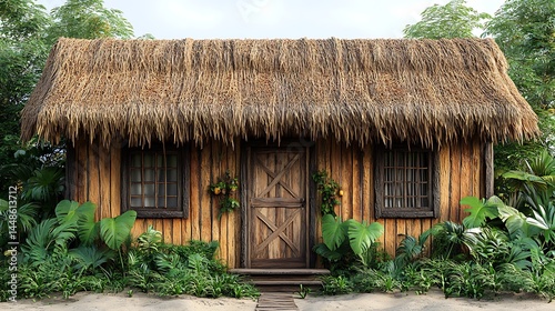 Charming Thatched Roof Hut Surrounded By Lush Tropical Foliage In A High Resolution Photo