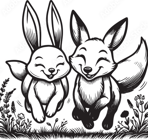 Friendly Rabbit and Fox Playfully Flying Through Fields. A whimsical black and white illustration of a rabbit and a fox joyfully flying through a field of flowers.