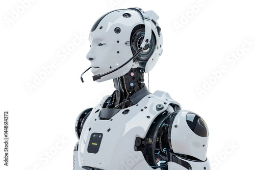 AI service robot making a call with a headset isolated on transparent background