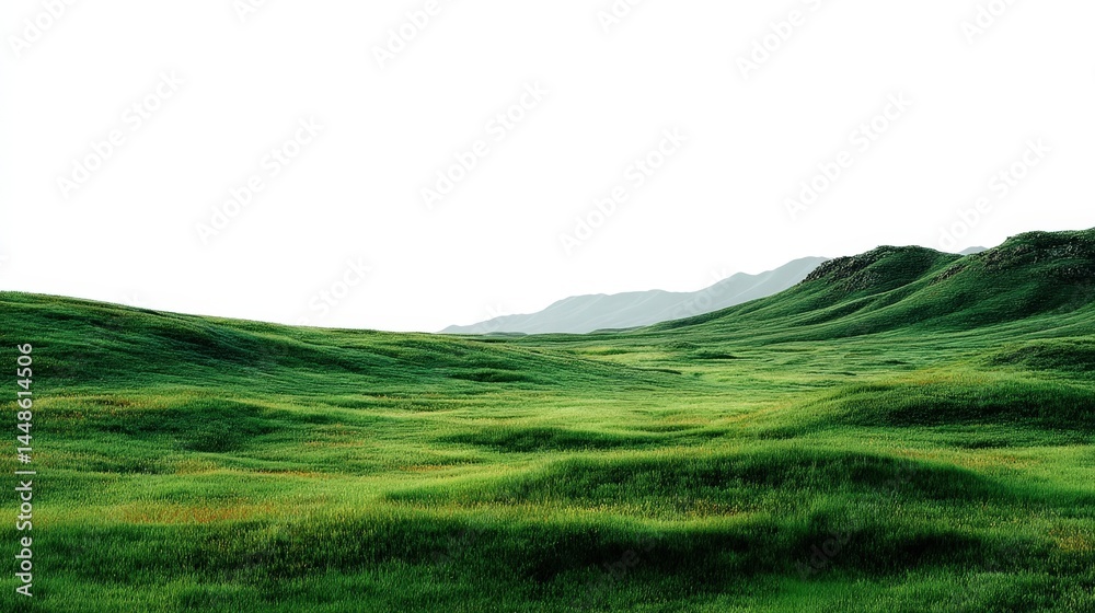 Fototapeta premium Serene Rolling Green Hills Landscape with Mountain Background Perfect for nature documentaries or travel brochures