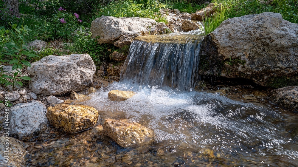 A small waterfall cascading over rocks in a natural setting. A small waterfall cascading over rocks in a natural setting.