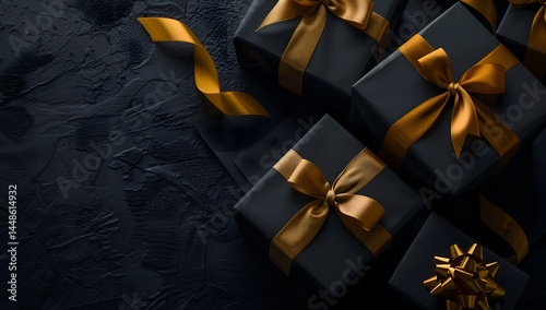 Black gift box on black background covered with gold glitter Sparkle Style Concept