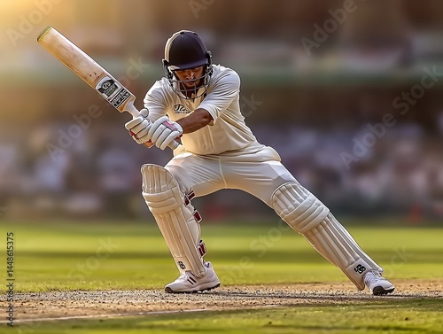 Cricket player swinging bat in action photo
