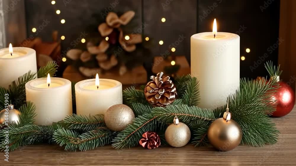 Flickering candlelight in festive setting with pine cones and ornaments Flickering candlelight in festive setting with pine cones and ornaments