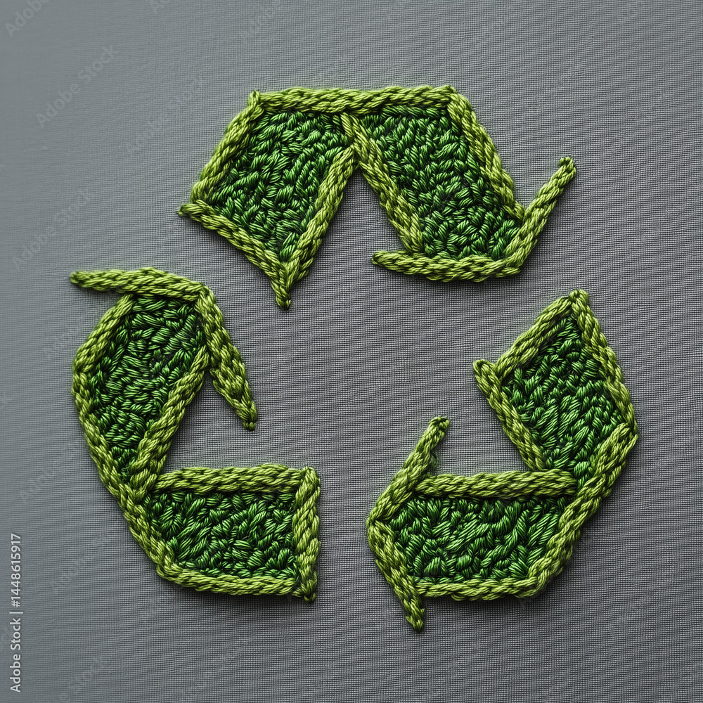 Símbolo de reciclagem verde com detalhes visíveis de costura e textura em linha. Ícone ecológico com aparência artesanal, ideal para temas de conservação e sustentabilidade ambiental