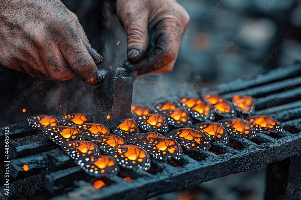A person working with glowing wings on a metal grate