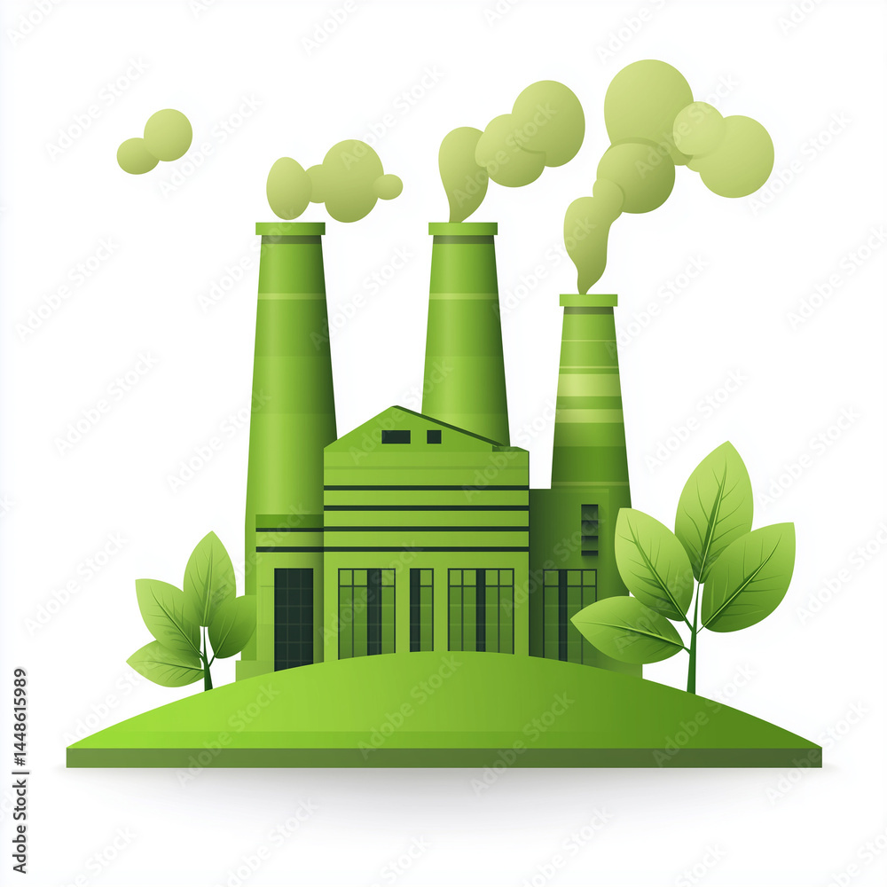 Ícone de fábrica verde isolado sobre fundo branco, representando sustentabilidade industrial. Ilustração limpa, moderna e ecológica
