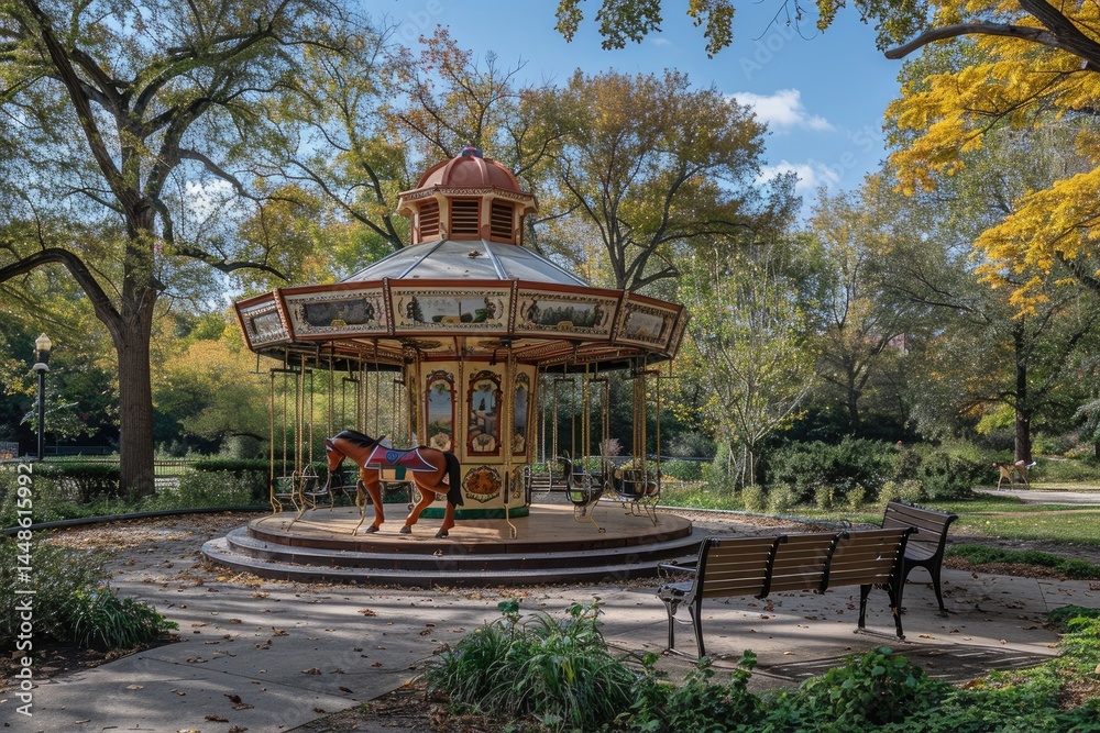 A picturesque carousel stands in a beautiful park setting