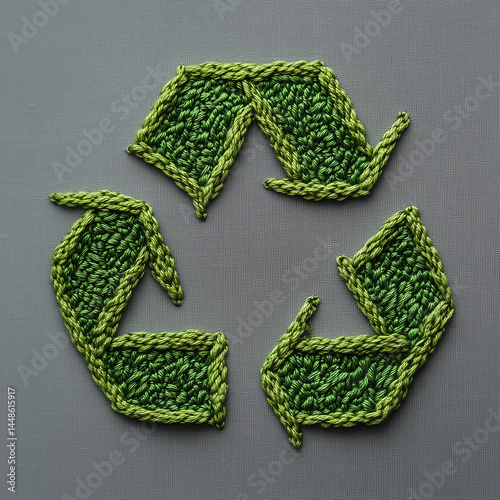 Obraz na płótnie Símbolo de reciclagem verde com detalhes visíveis de costura e textura em linha. Ícone ecológico com aparência artesanal, ideal para temas de conservação e sustentabilidade ambiental w salonie