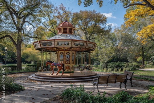 Obraz na płótnie A picturesque carousel stands in a beautiful park setting w salonie