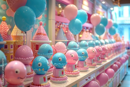 A playful candy shop display featuring many colorful whimsical items