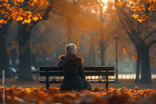 A person sits on a bench during a colorful autumn afternoon
