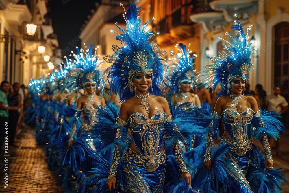 A procession of costumed dancers performing in the night parade