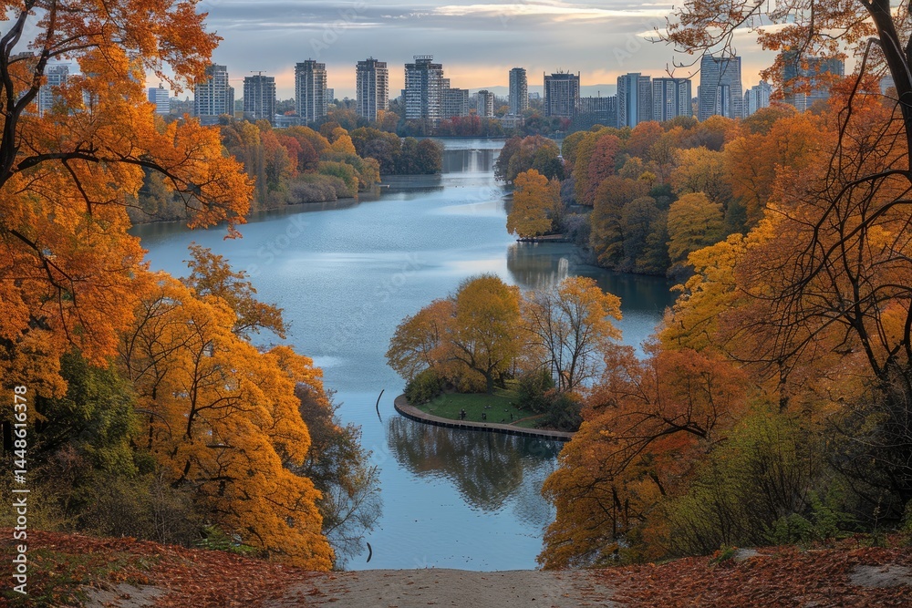 A picturesque landscape of a lake surrounded by autumn colors