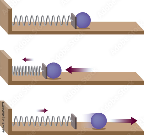 The law of inertia. Newton's third Law of Motion. Compression force. Physics experience diagram with springs and balls. vector illustration