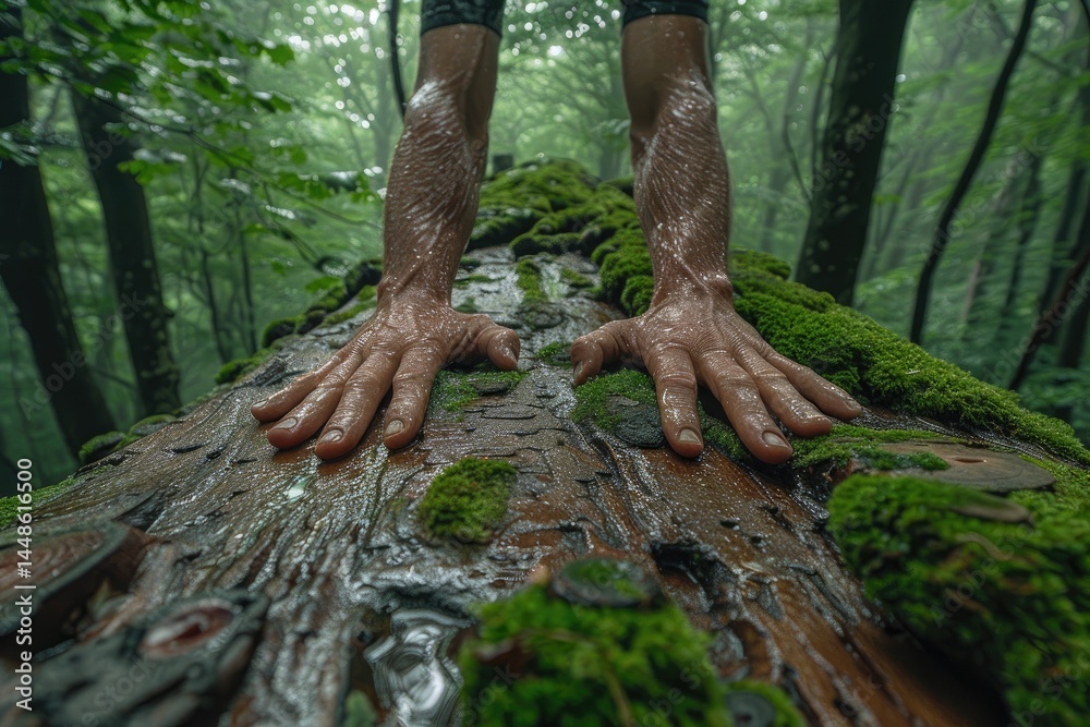 A persons wet hands are resting on a moss covered log