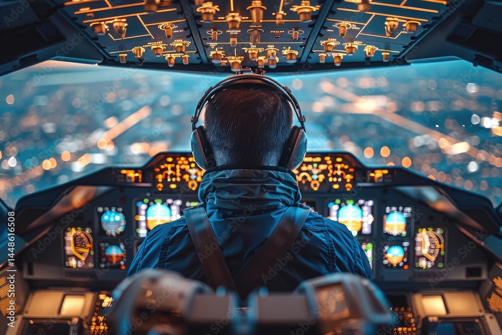 A pilot is flying a plane at night over a cityscape