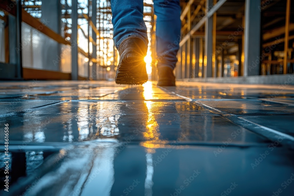 A person walks forward on a reflective and wet surface