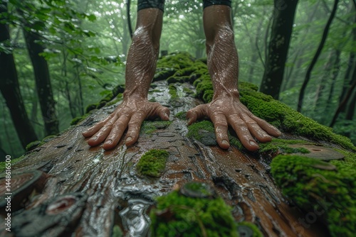 Obraz na płótnie A persons wet hands are resting on a moss covered log w salonie