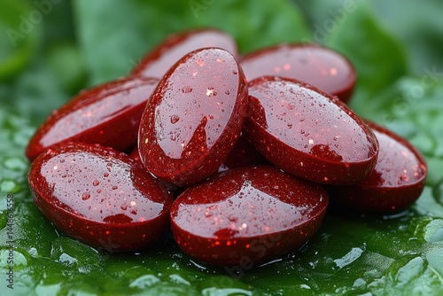 A pile of glossy red pills rests on a green leaf