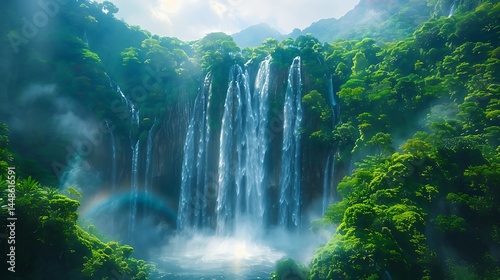 Majestic rainforest waterfall cascading through lush green jungle mist with rainbow glowing in sunlight high resolution photo