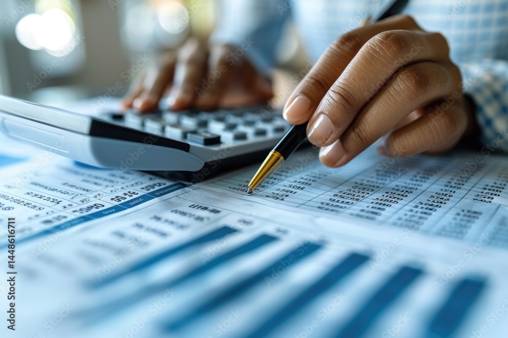 A person is calculating figures on financial documents closely
