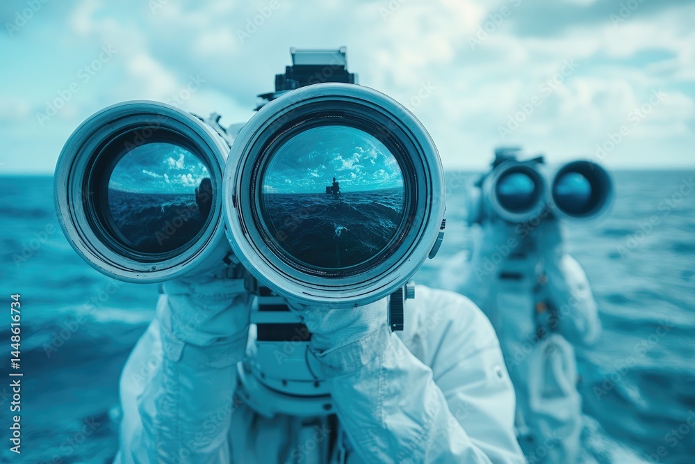 A person observes the ocean through large binoculars on the water