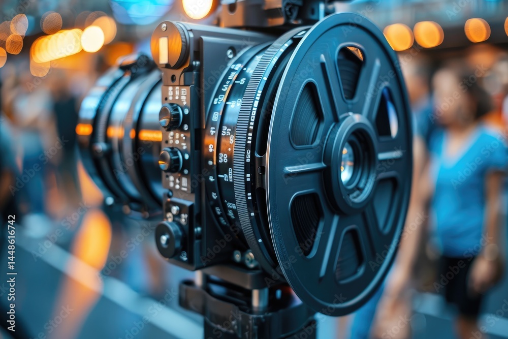 A professional film camera is shown close up with detail