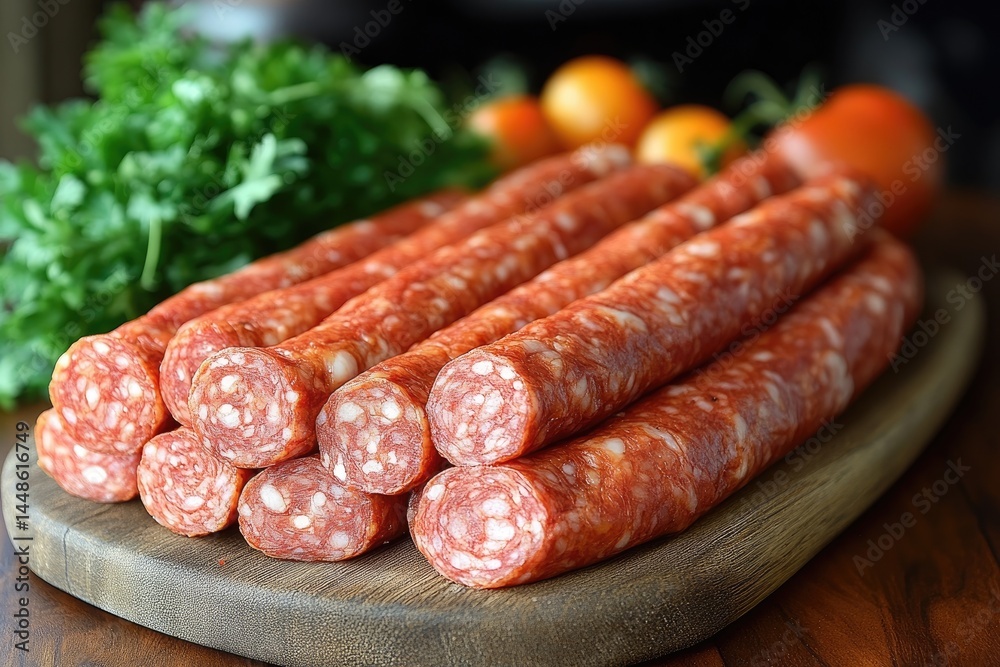 A Pile of Sausages Arranged on a Wooden Cutting Board