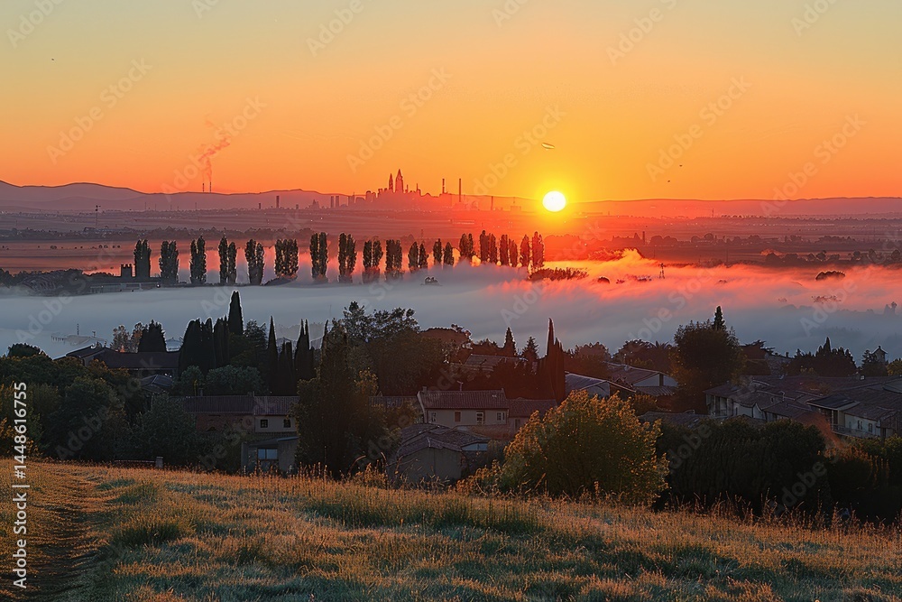 A picturesque sunrise illuminates a town shrouded in mist