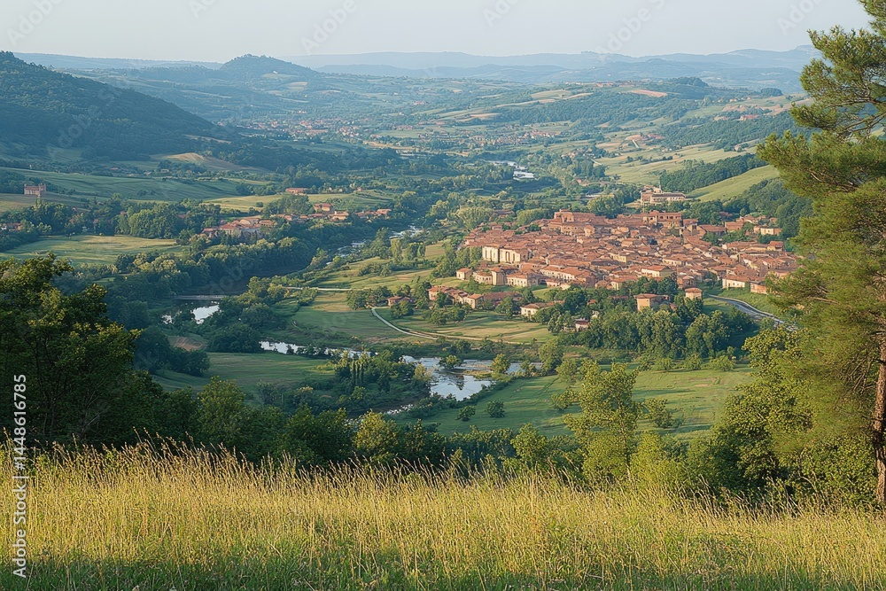 A picturesque view of a village nestled in green valleys