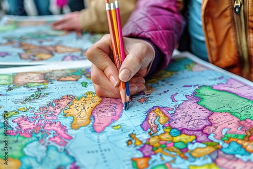 Obraz na płótnie A person uses pencils on a brightly colored world map w salonie